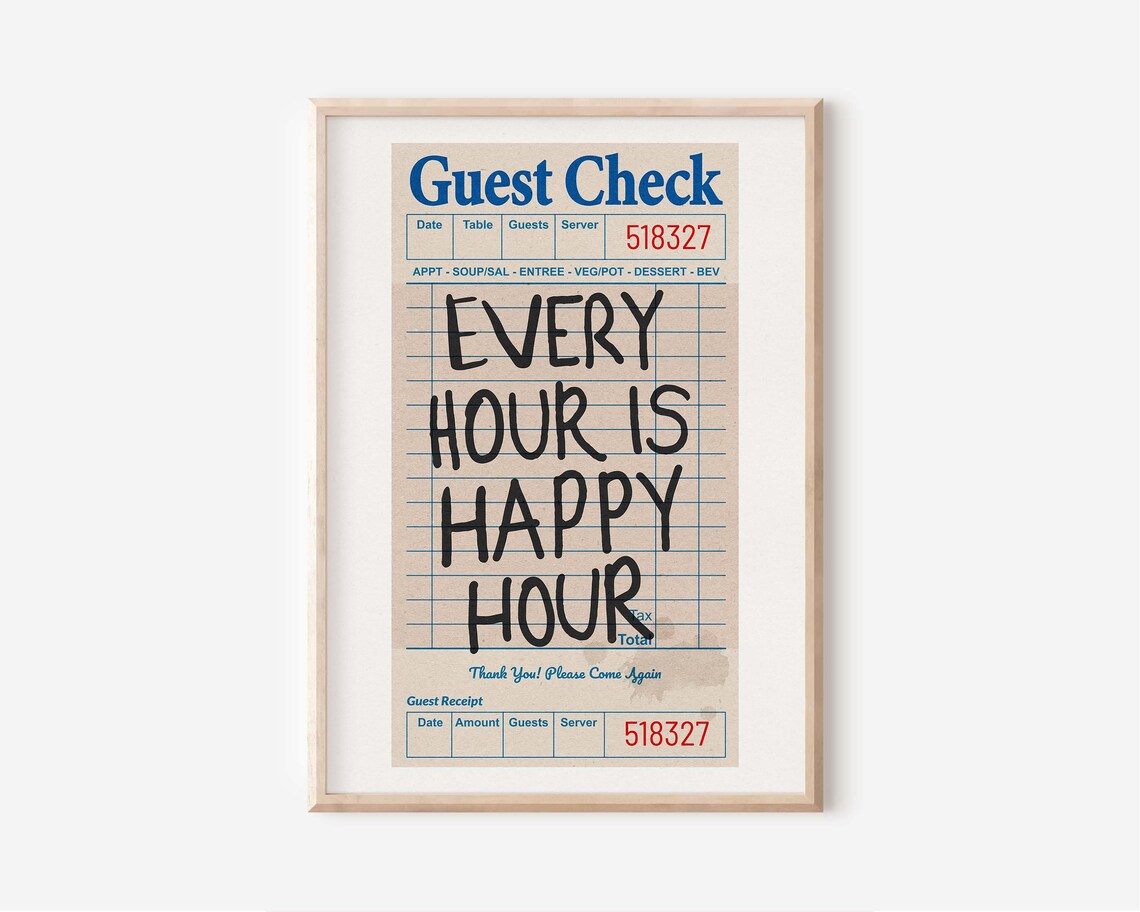 Every Hour Is Happy Hour Blue Guest Check Cocktail Bar Art Poster - Image 2
