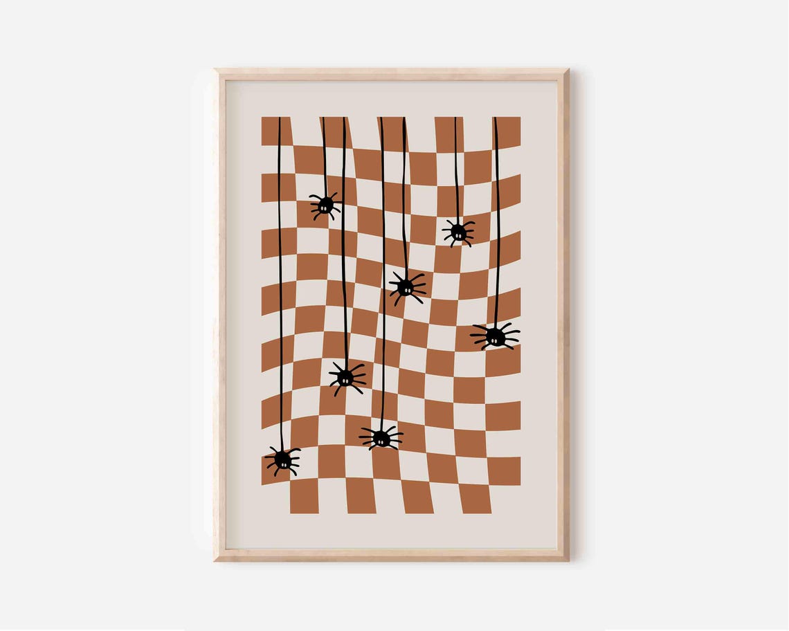 Checkered Burnt Orange Halloween Poster with Hanging Spiders - Image 2