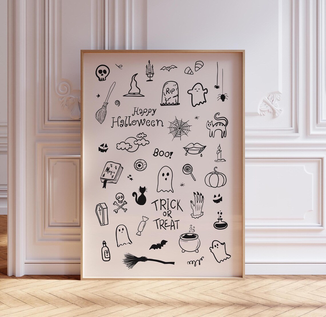 Black Ink Halloween Doodle Poster on Cream with Cute Spooky Icons - Image 3