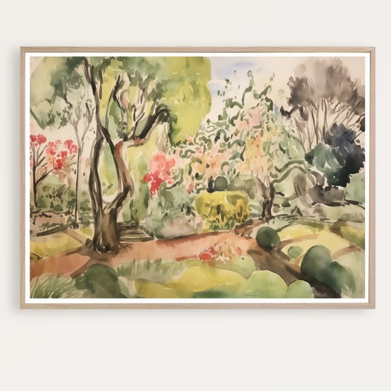 Colorful Landscape Painting Watercolor With Trees Abstract Retro Style Summer Instant