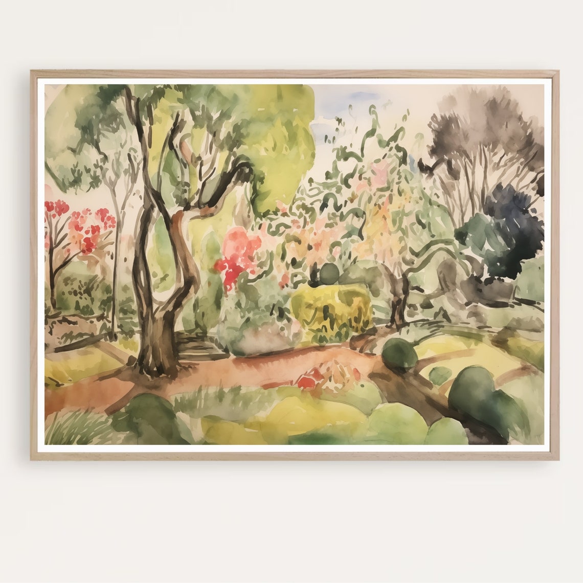 Colorful Landscape Painting Watercolor With Trees Abstract Retro Style Summer Instant