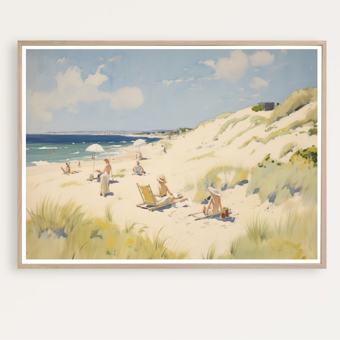 Vintage Beach Scene Sunbathers Sandy Dunes Soft Coastal Art Poster