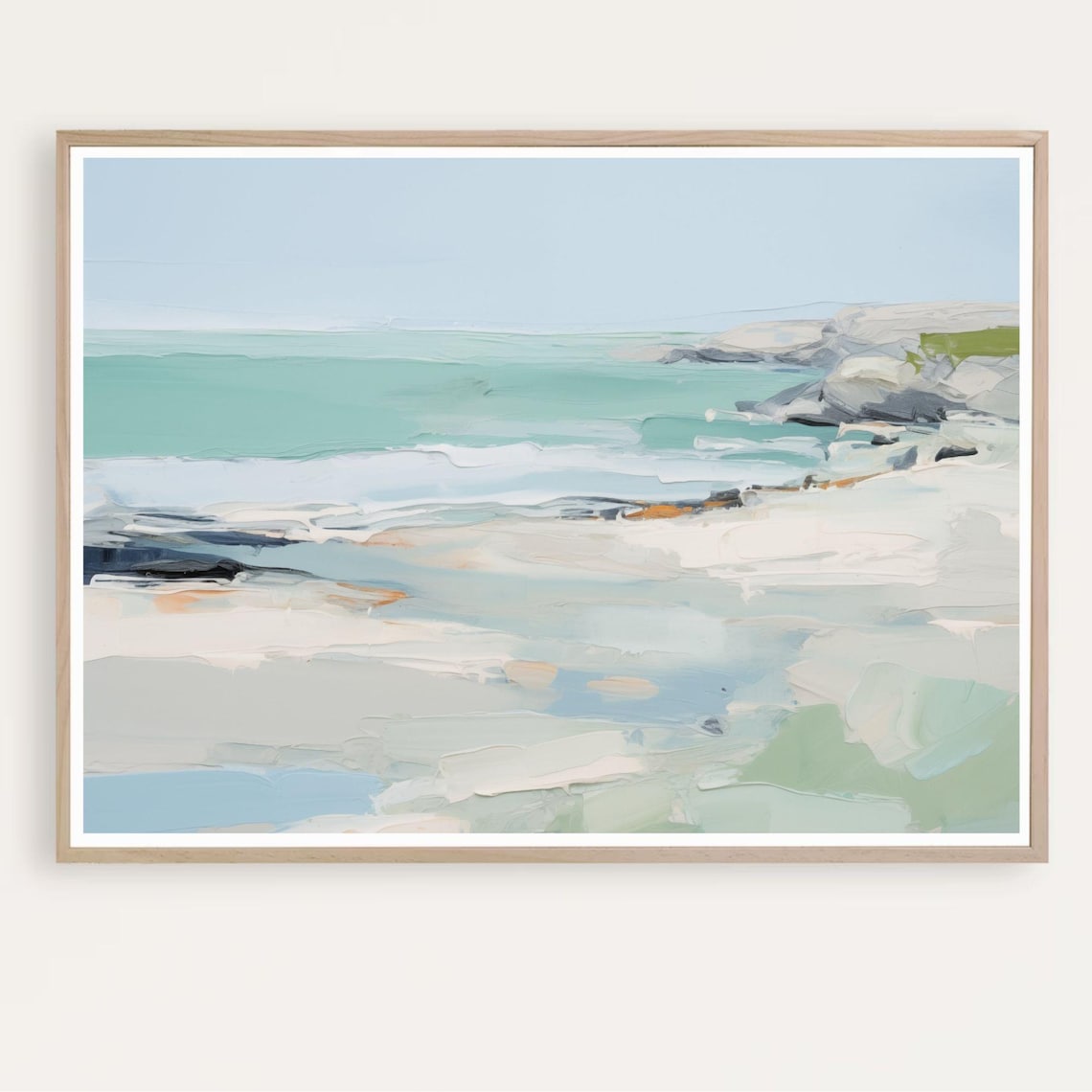 Soft Turquoise Abstract Seascape Minimal White Beach and Grey Rocks Poster