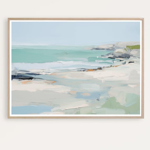 Soft Turquoise Abstract Seascape Minimal White Beach and Grey Rocks Poster