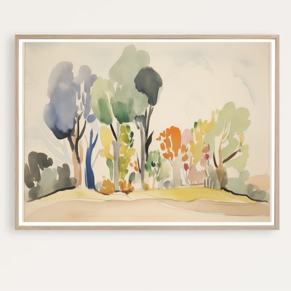 Abstract Landscape Painting Watercolor Print Tree Vintage Style Summer Instant