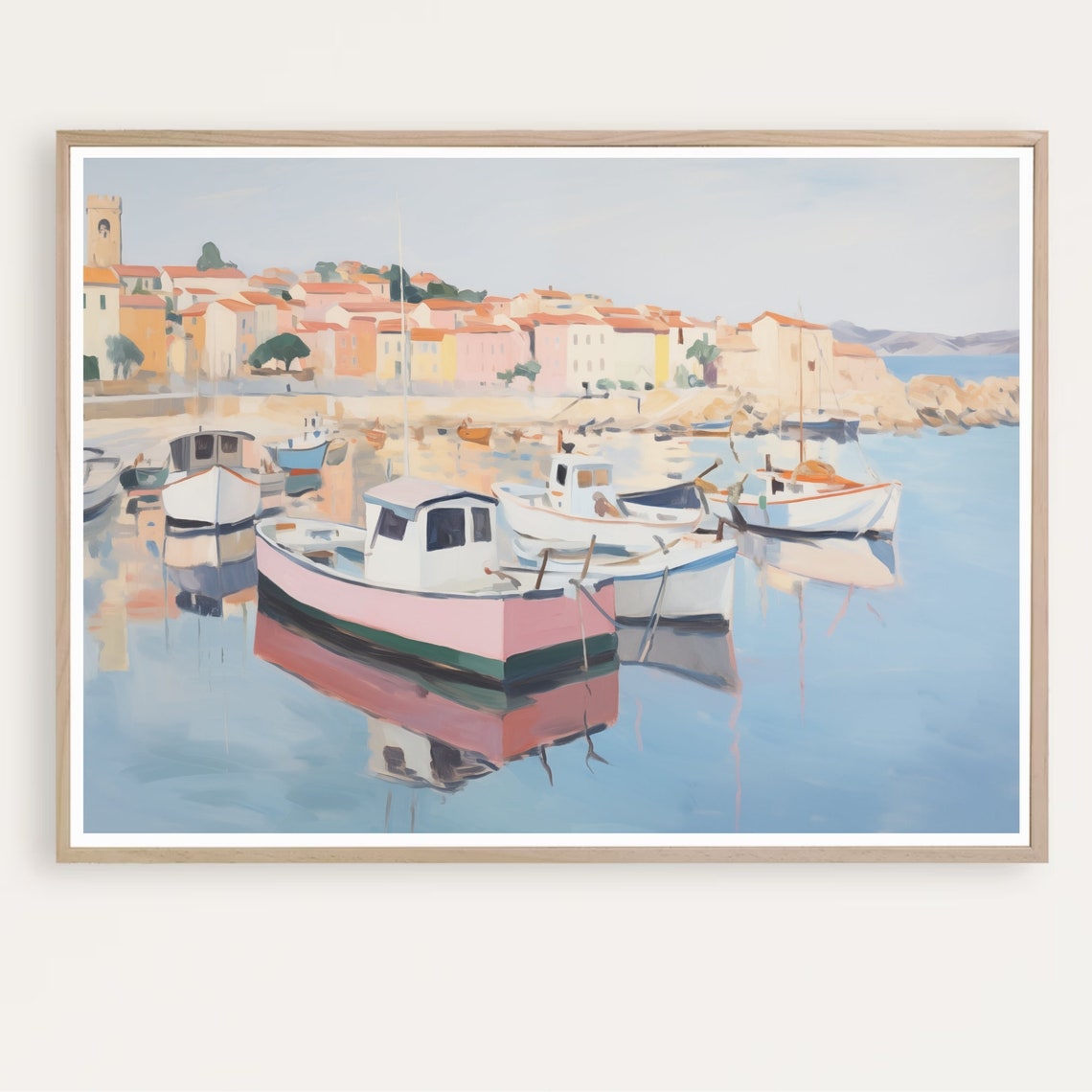 French Harbour Boats Pastel Mediterranean Coastal Scene Art Poster