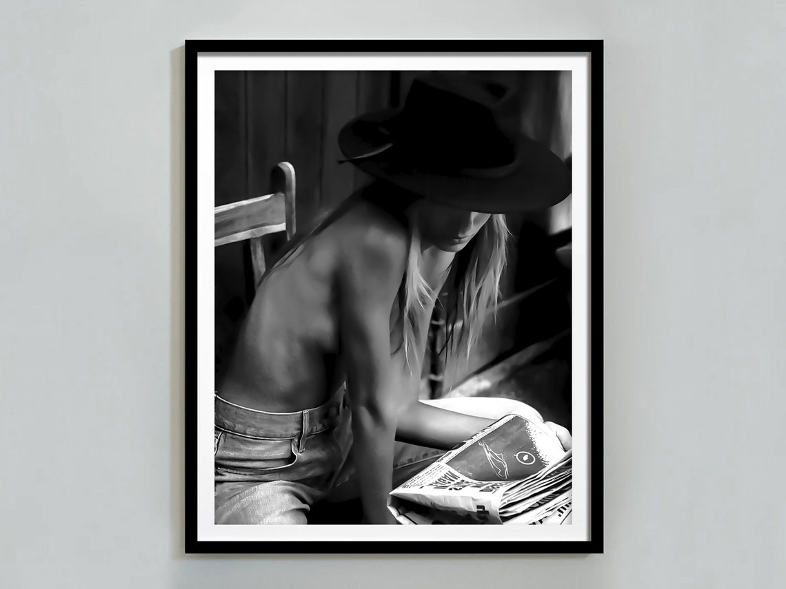 Desert Cowgirl Reading Newspaper Print Summer Poster Black And White Fashion Photography Prints Cowgirl Bathroom Decor