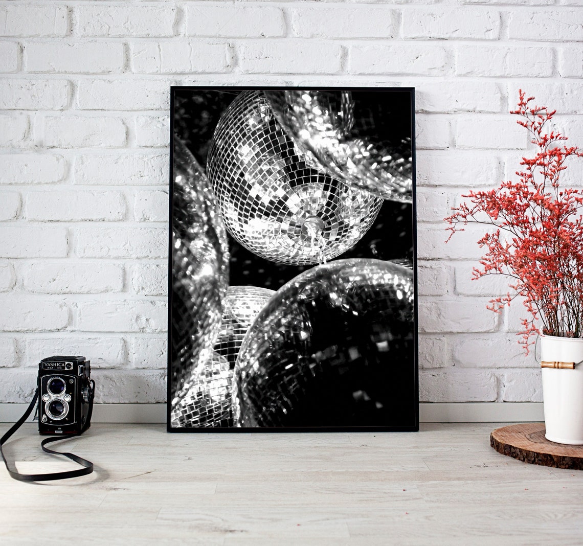 Disco Ball Close Up Black White Sparkle Nightlife Photo Poster - Image 4