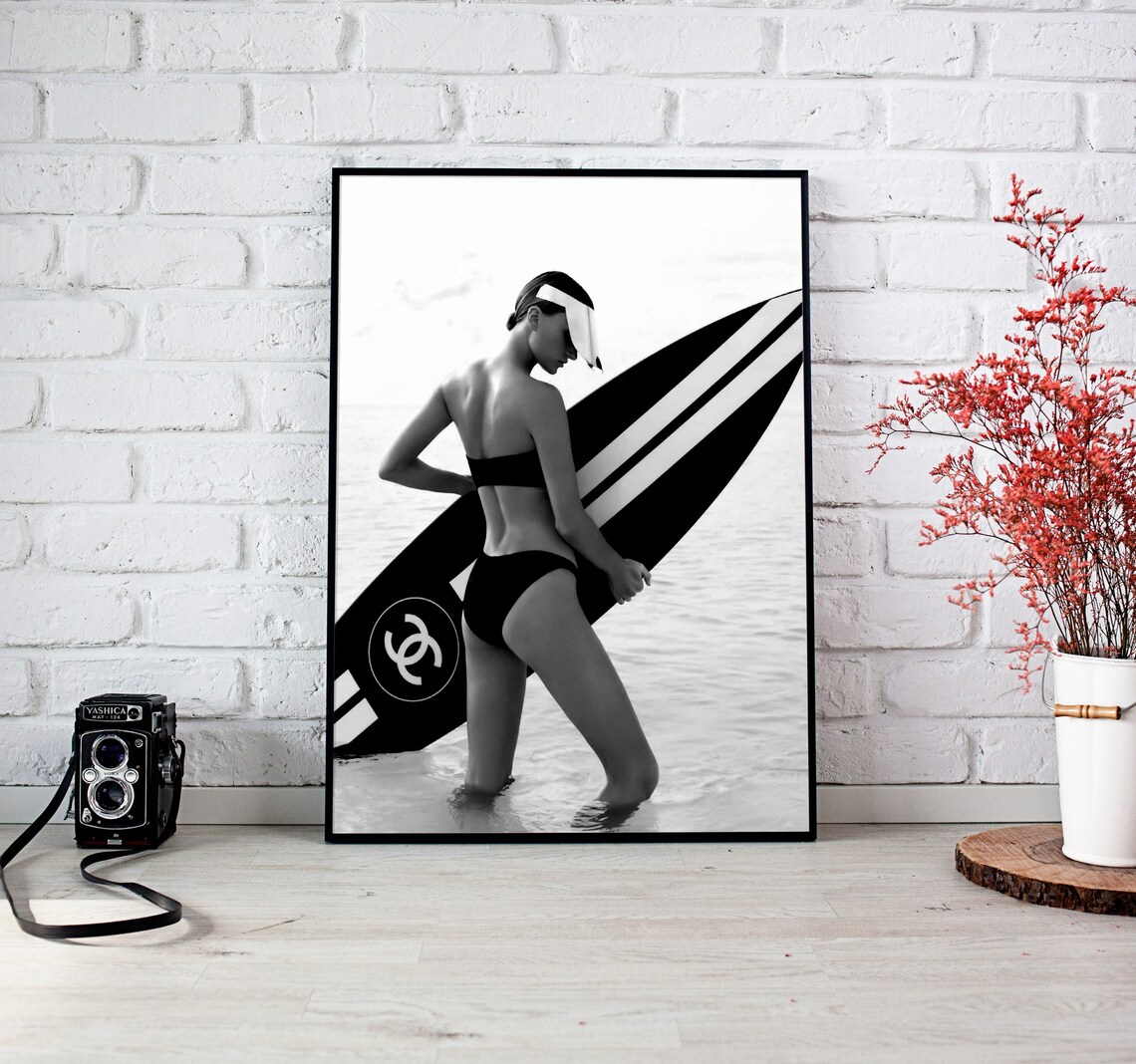 Surfboard Bikini Chanel Logo Black White Beach Fashion Poster - Image 4