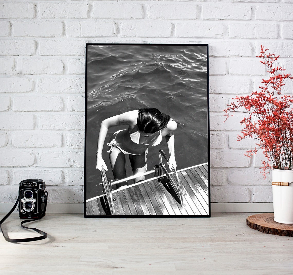 Woman In The Swimming Pool Print Summer Poster Black And White Vintage Photography Fashion Wall Art Pool House Decor - Image 3