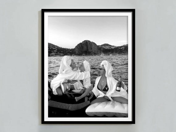 Woman Eating Pasta On Lake Print Wine Poster Bar Cart Wall Art Black And White Photography Prints Dining Room Decor Spaghetti Poster
