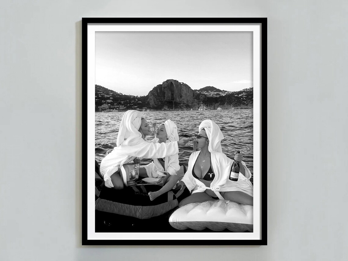 Three Girlfriends Champagne Boat Day Black And White Photo Poster