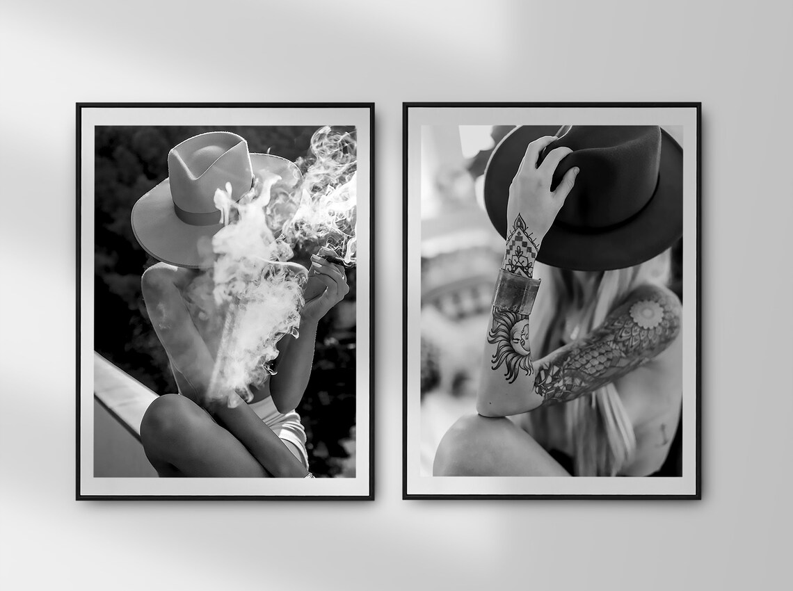 Tattooed Woman Holding Cowboy Hat Over Face Black and White Poster - Image 2