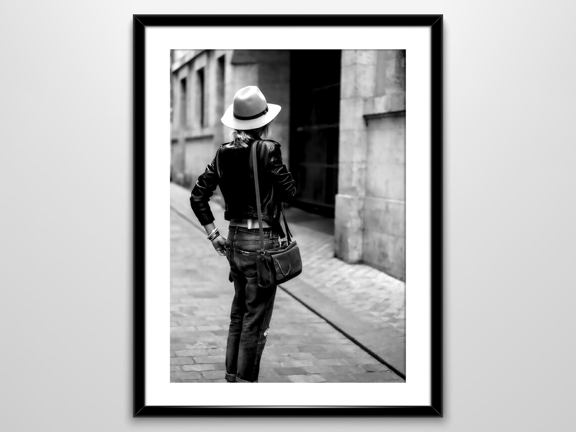 Woman In Hat Leather Jacket Walking European Street Style Poster - Image 2