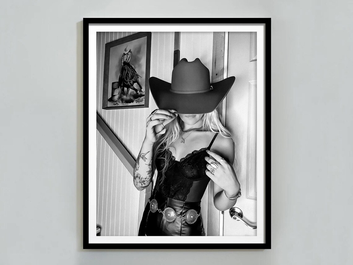 Western Cowgirl Lace Top Concho Belt Black And White Fashion Poster