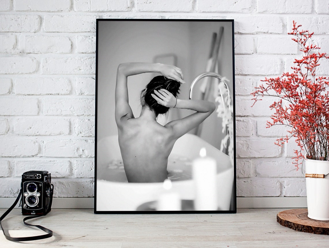 Woman in Bathtub From Behind Black and White Spa Bathroom Poster - Image 2