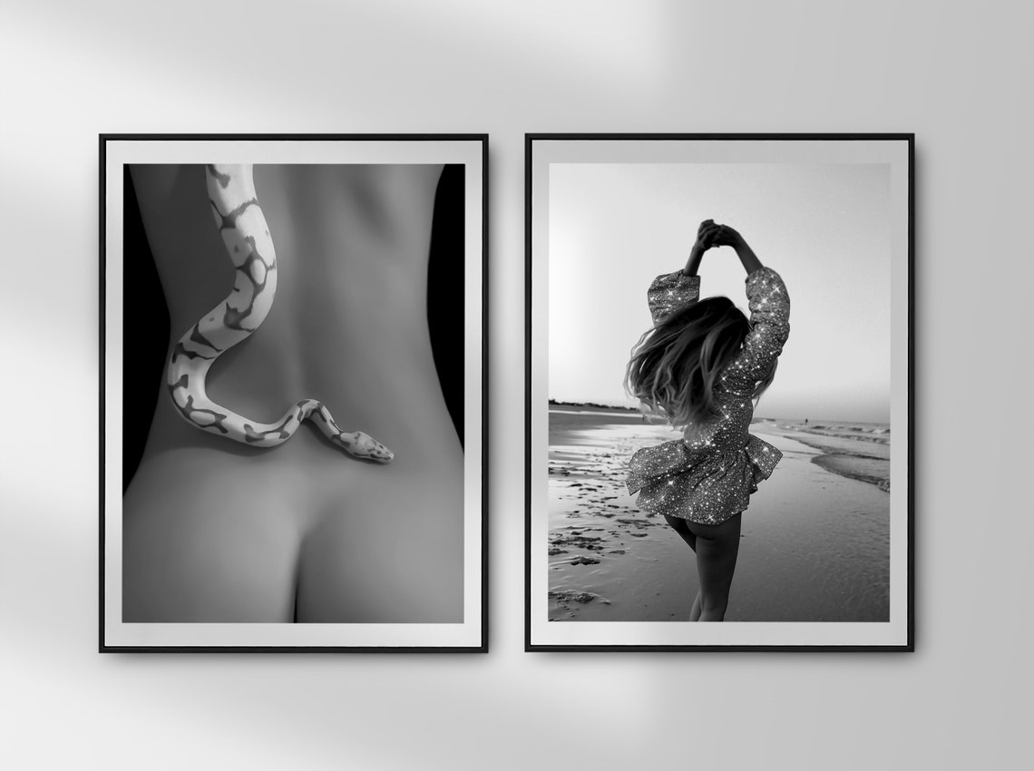 Woman Dancing on Beach in Sparkly Dress Black and White Photo Poster - Image 2
