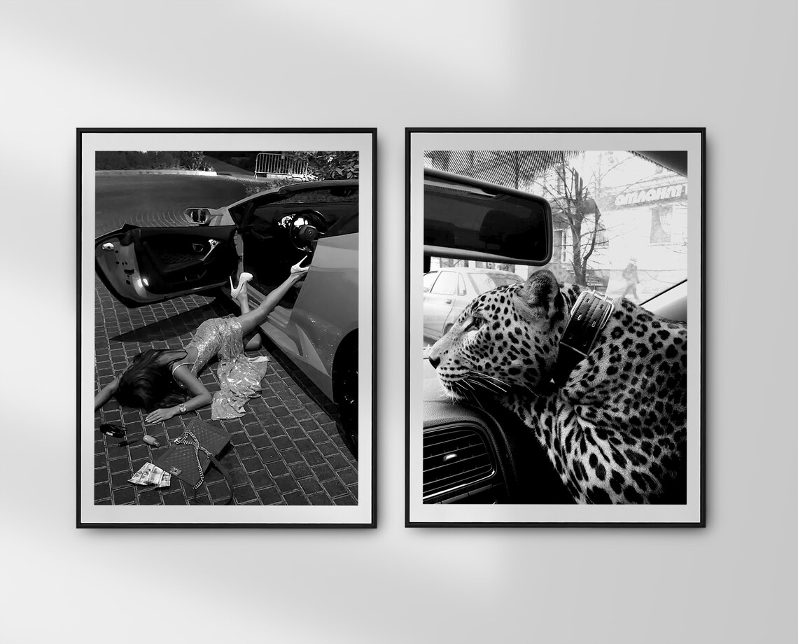 Woman Lying on Ground by Open Door Sports Car Fashion Photo Poster - Image 3