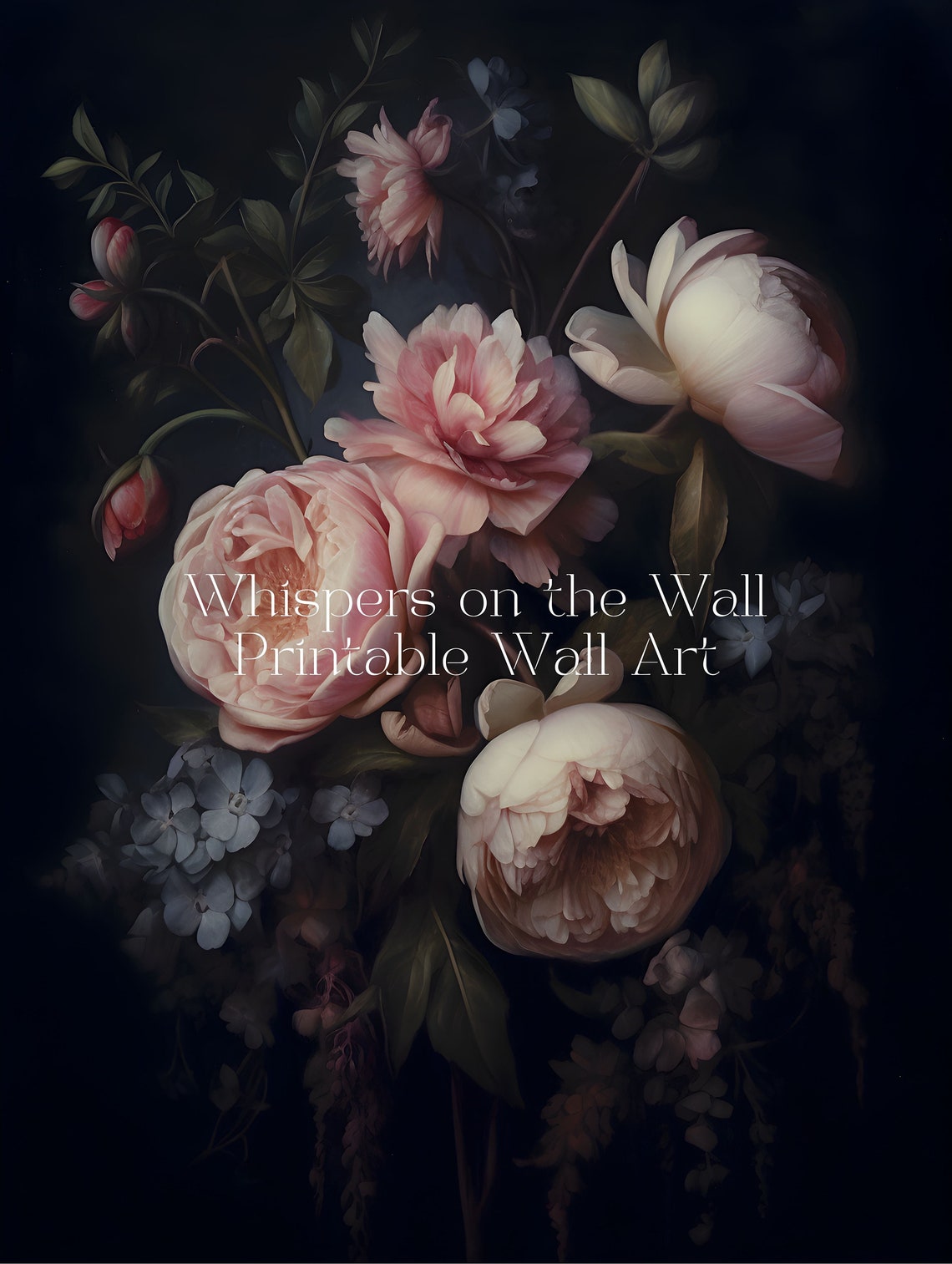 Dark Moody Peony Floral Oil Painting Black Background Decor Poster - Image 5
