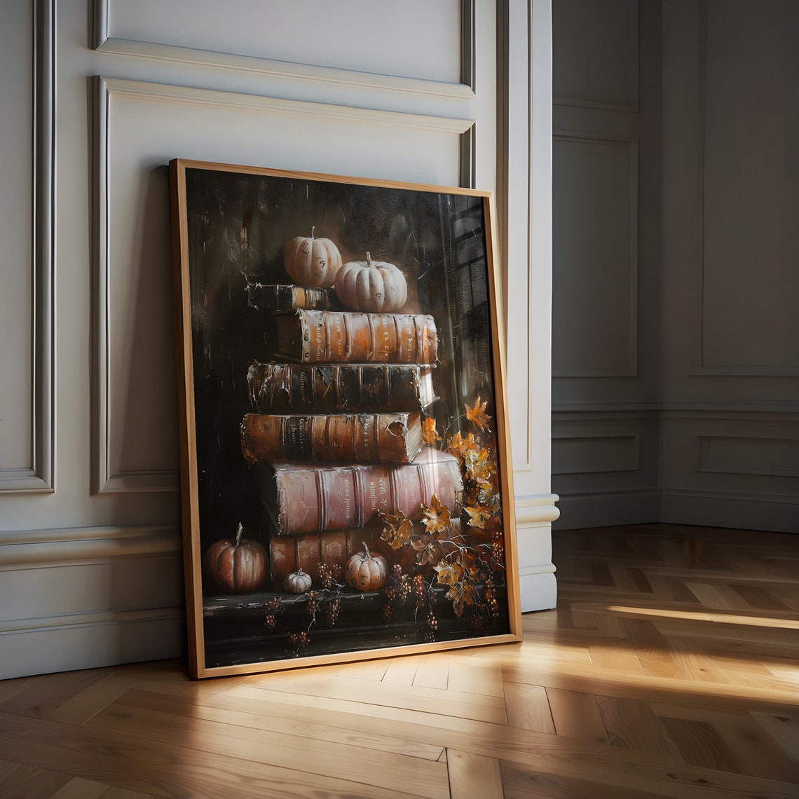 Stack of Antique Books with Pumpkins Dark Autumn Still Life Poster - Image 2
