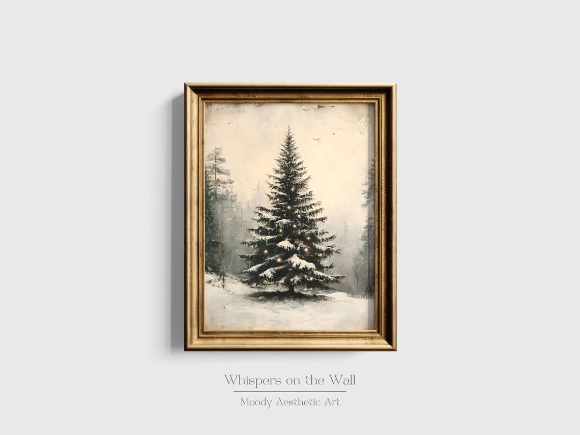 Snowy Christmas Tree with Lights Misty Forest Vintage Holiday Poster - Image 2
