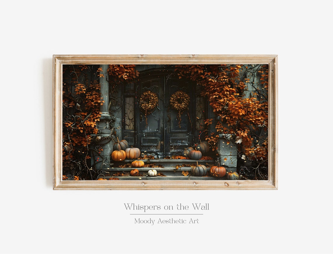 Gothic Halloween Door Pumpkins Moody Fall Vintage Oil Painting Poster