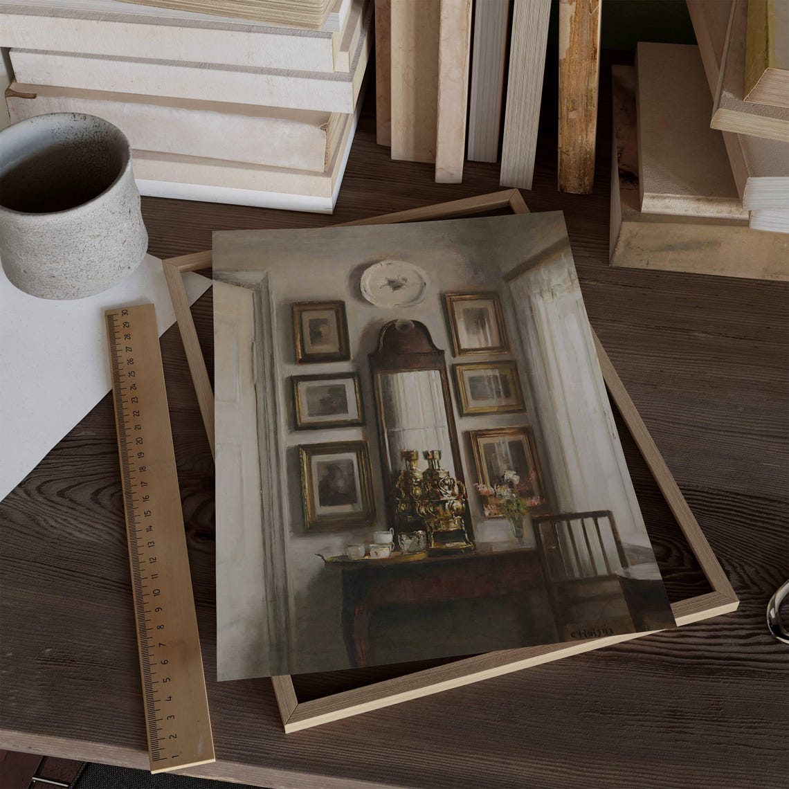 Vintage Light Academia Interior With Framed Art Mirror Lamp Poster - Image 2