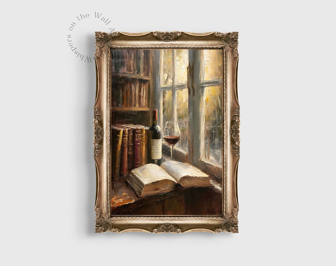 Open Book and Wine Bottle by Sunlit Library Window Oil Painting Poster - Image 6