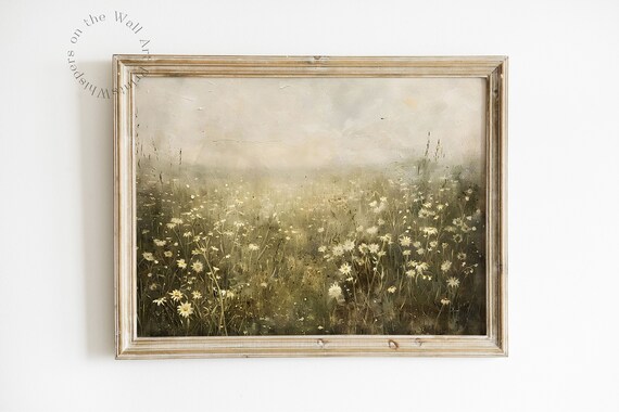 Muted Daisies Wildflower Landscape Painting Spring Wall Art Moody Art Print Floral Wall Art