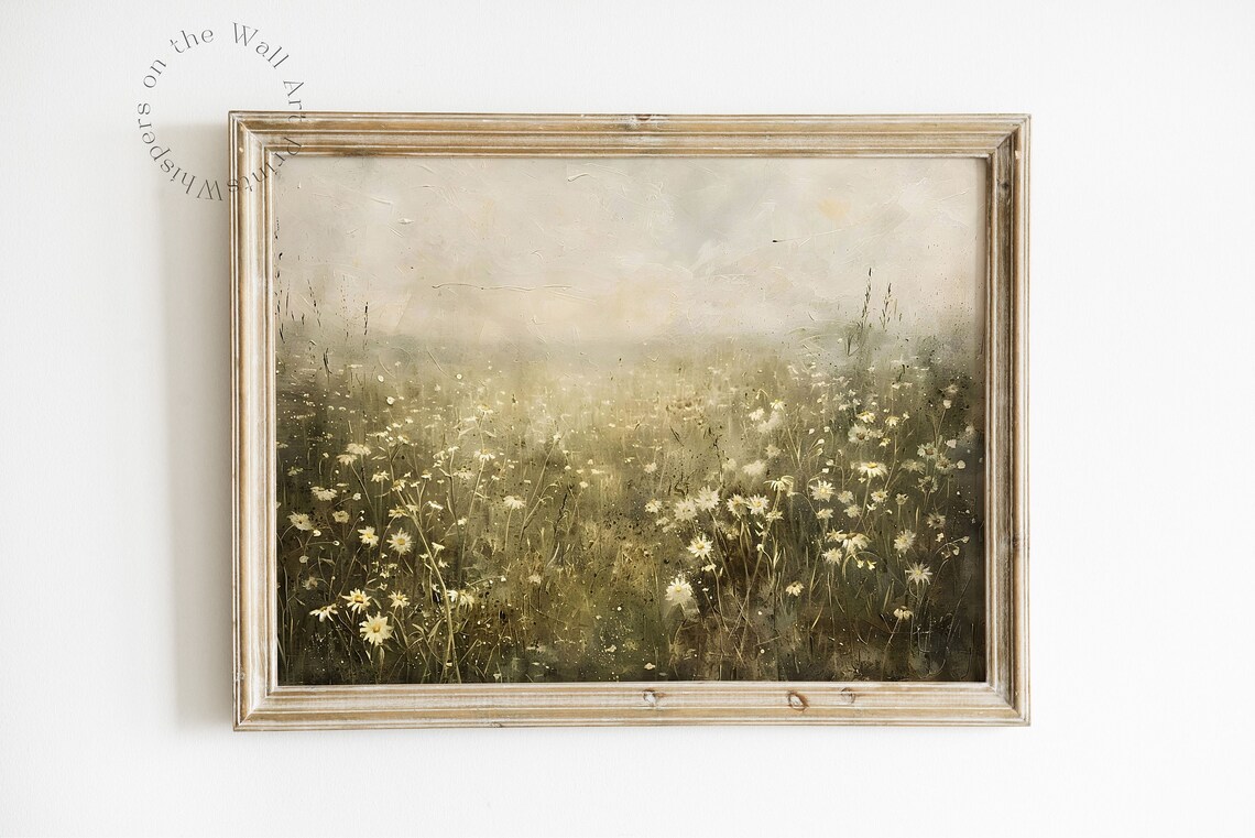 White Daisy Meadow Under Hazy Sky Moody Wildflower Landscape Painting Poster