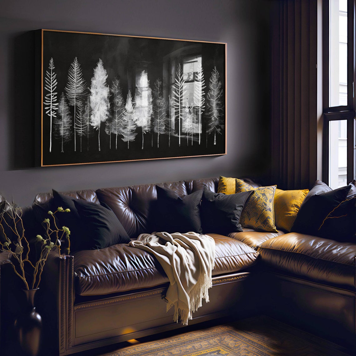 White Pine Tree Silhouettes on Black Moody Winter Forest Poster - Image 5