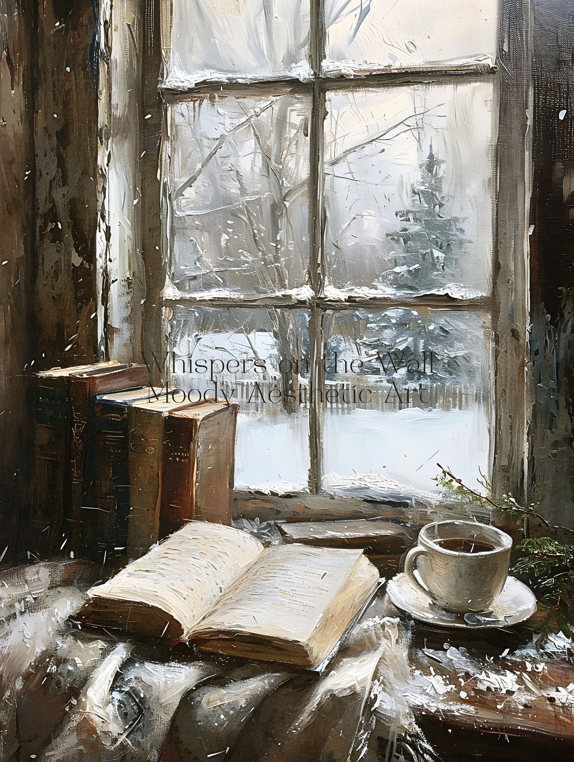 Open Book and Tea Cup by Snowy Window Winter Reading Nook Poster - Image 5