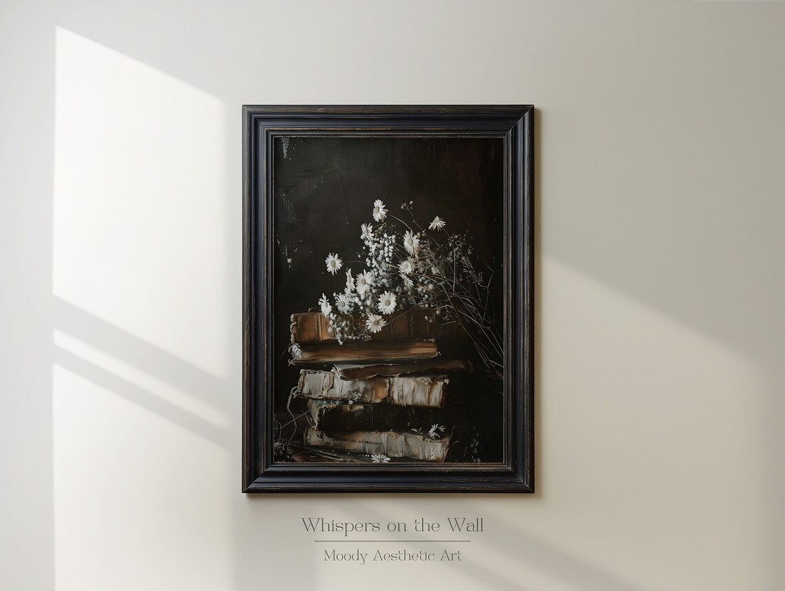 Stack Of Worn Vintage Books With White Daisies Dark Moody Still Life Poster - Image 3
