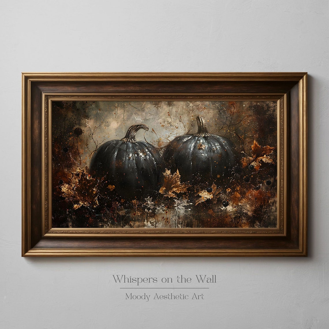 Two Black Pumpkins with Autumn Leaves Dark Fall Painting Poster - Image 6