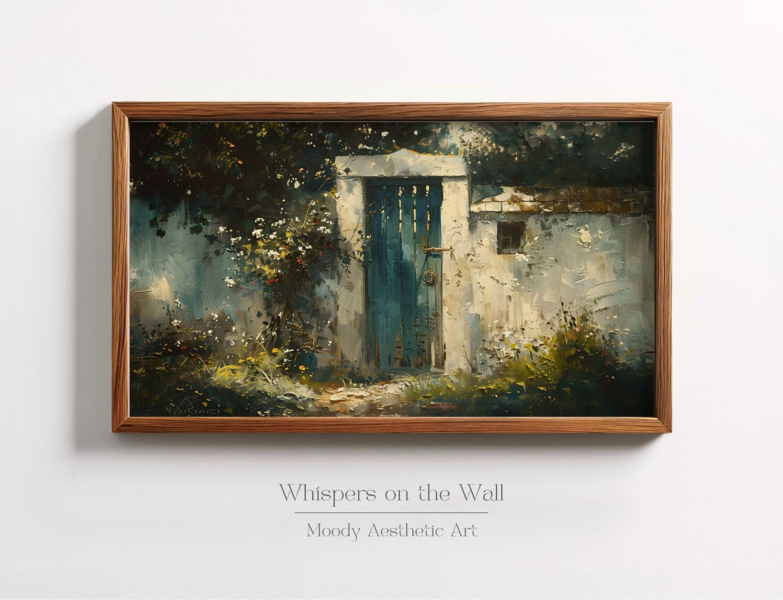 Weathered Blue Wooden Door In White Wall With Overgrown Garden Poster - Image 4