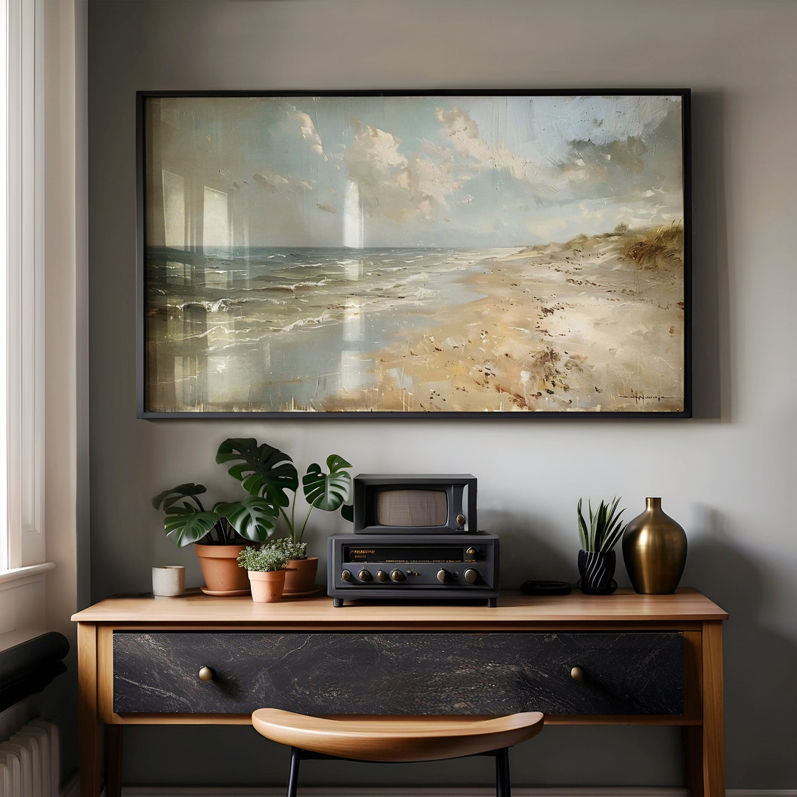 Vintage Beach Shoreline with Soft Waves Coastal Painting Poster - Image 6