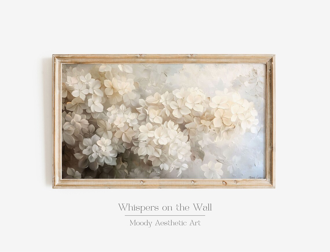 White Hydrangea Flower Art Print, Moody Farmhouse
