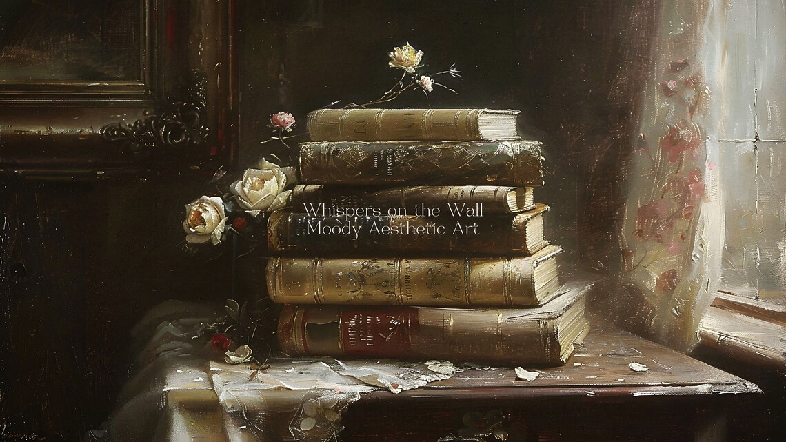 Dark Coquette Frame Tv Art Book Pile Frame Tv Art Moody Victorian Painting Feminine Decor Book Stack Artwork - Image 5
