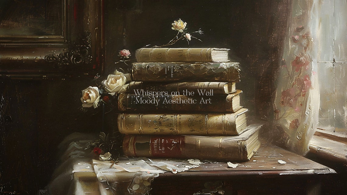 Old Books and White Roses by Window Dark Academia Painting Poster - Image 5