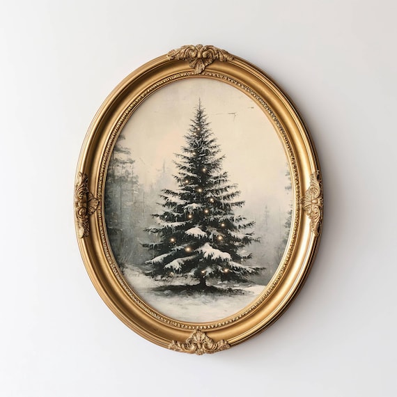 Vintage Christmas Wall Art Print Winter Holiday Decor Moody Christmas Tree Oil Painting Nostalgic Art Print Living Room Art