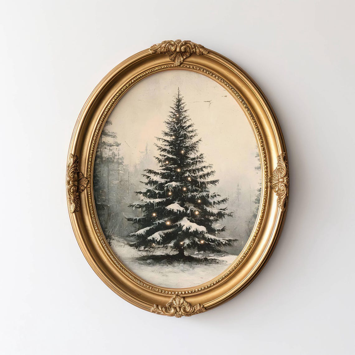 Snowy Christmas Tree with Lights Misty Forest Vintage Holiday Poster