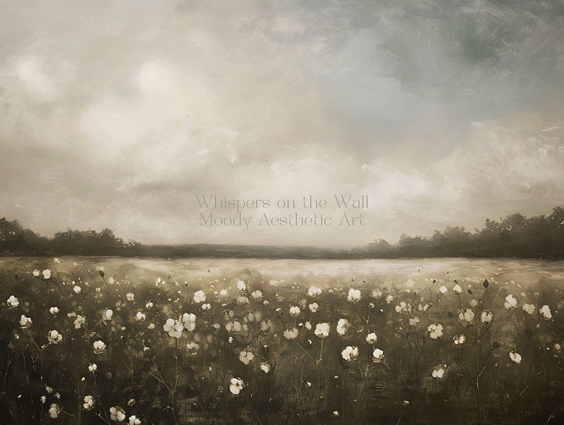 White Wildflowers Field Under Cloudy Sky Neutral Landscape Poster - Image 5