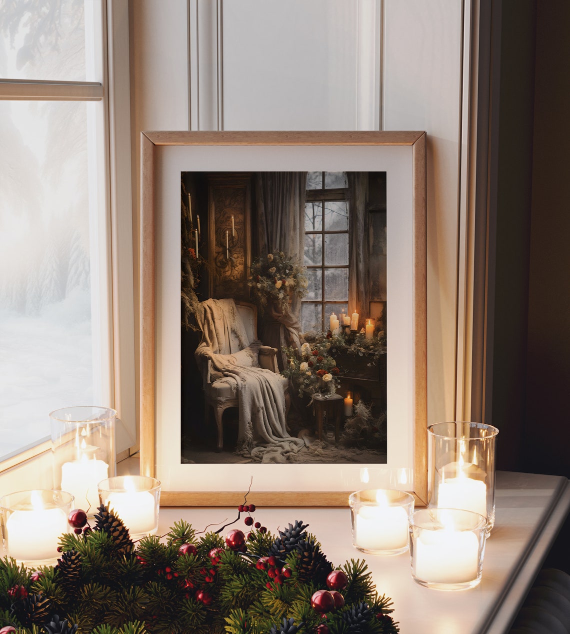 Cozy Christmas Reading Chair Candlelit Window Moody Wall Poster - Image 4