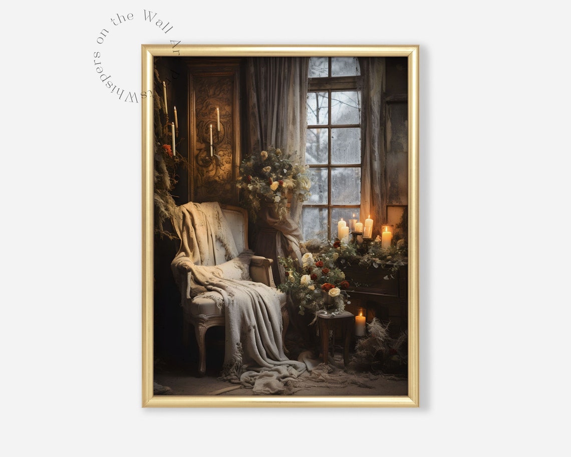 Cozy Christmas Reading Chair Candlelit Window Moody Wall Poster - Image 2