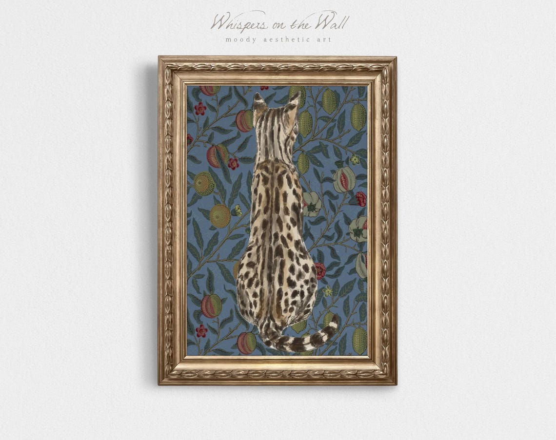 Spotted Cat From Behind On Vintage Fruit Patterned Wallpaper Poster - Image 7