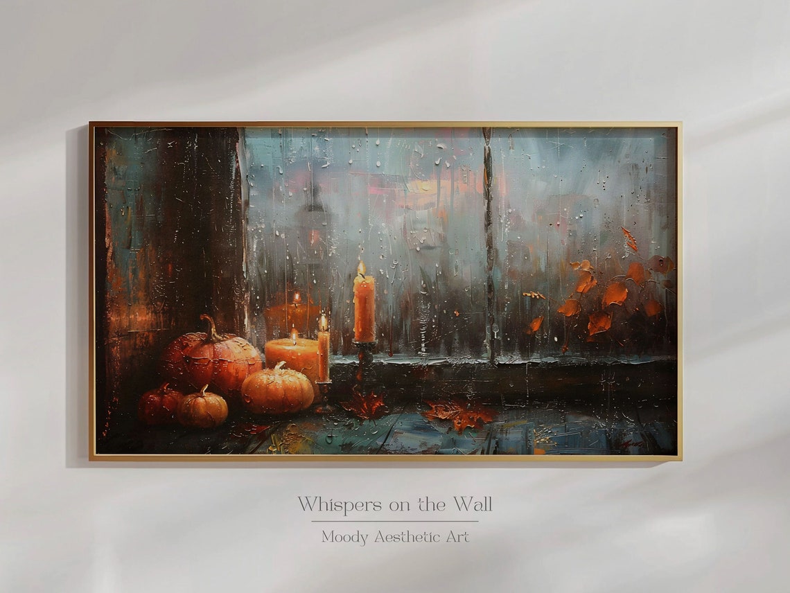 Fall Pumpkins and Candles by Rainy Window Autumn Painting Poster - Image 5