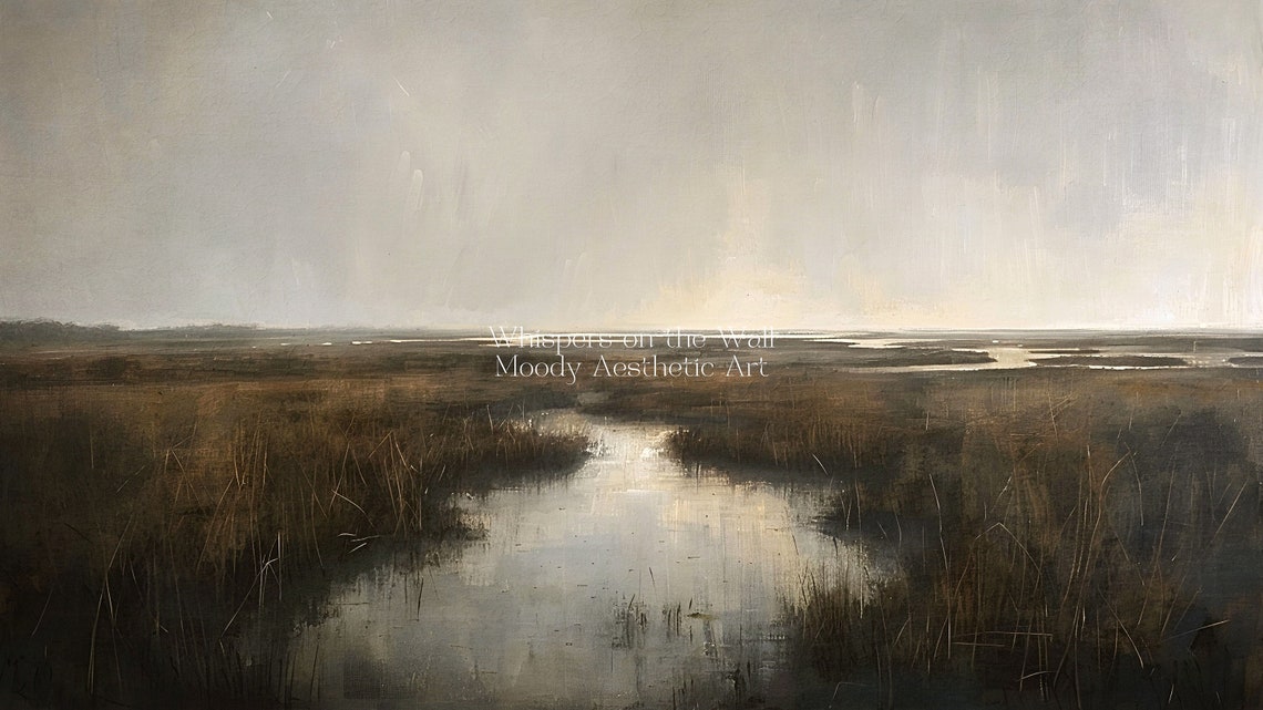 Misty Marsh Wetlands with Winding Water Moody Painting Poster - Image 5