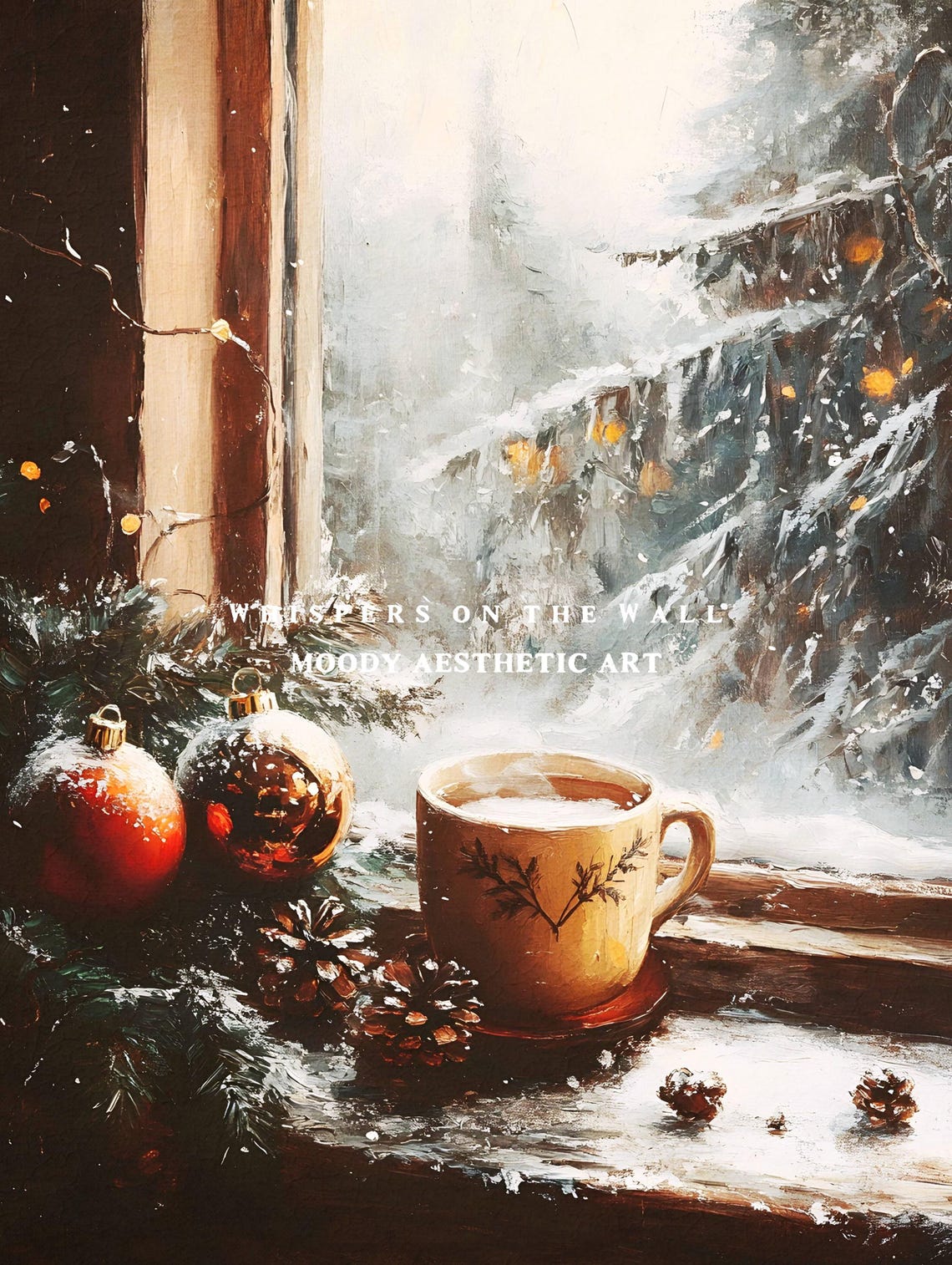 Cozy Christmas Mug Ornaments On Snowy Windowsill Winter Poster - Image 5
