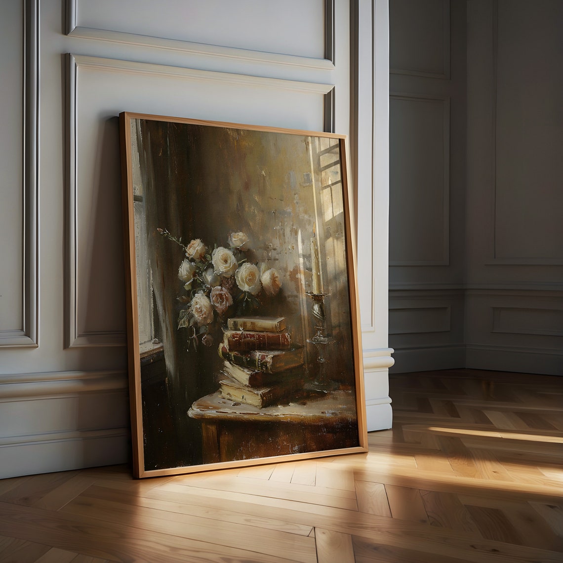 Books Roses and Candlelight Moody Vertical Still Life Poster - Image 3