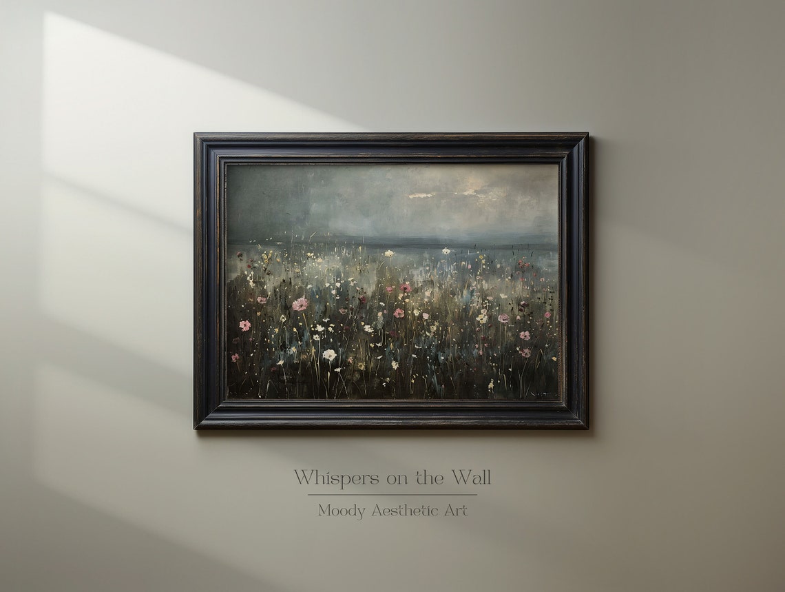Misty Wildflower Meadow Under Grey Sky Moody Landscape Painting Poster - Image 3